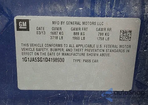 2013 Chevrolet Sonic Ls Auto from USA, damaged, VIN 1G1JA5SG1D4198930